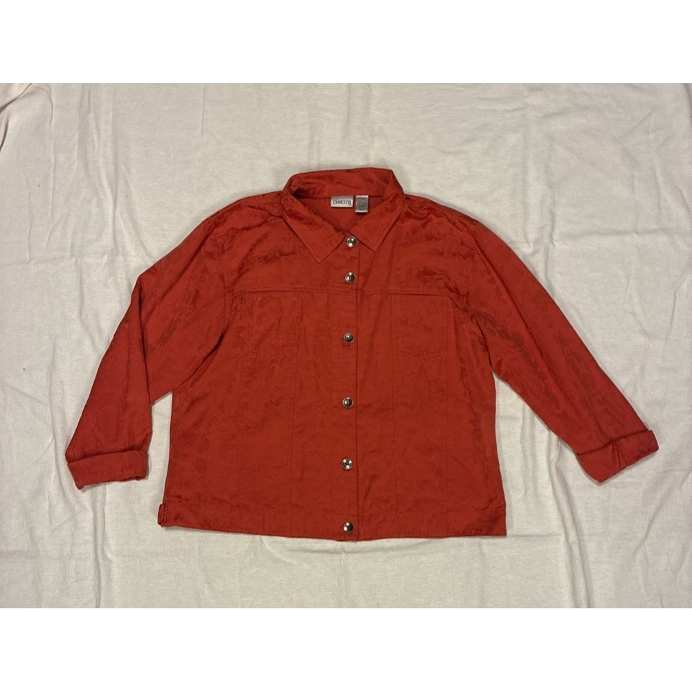 Vintage Chico's Women's Top XL Orange Shacket Button Up Floral Pattern 90s Boxy